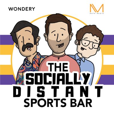 The logo for The Socially Distant Sports Bar with three cartoon figures and the title of the podcast