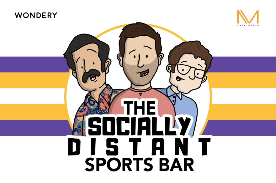 The logo for The Socially Distant Sports Bar with three cartoon figures and the title of the podcast