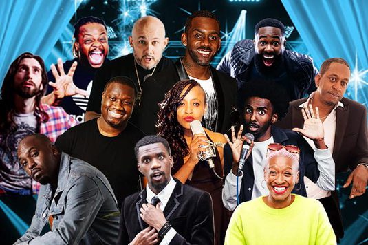 A collage of artist images who will be performing on the night against a blue background