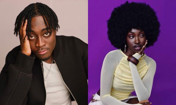 A collage of two young people headshot, one is a boy with braids wearing a white top and a black jacket the image on the right is of a girl sitting against a purple background. she has a big afro and is wearing a yellow mesh top.