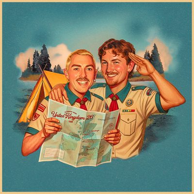 Kevin Twomeyy and PJ Kirby dressed as scouts hold a map, looking at it thoughtfully as they plan their exploration.