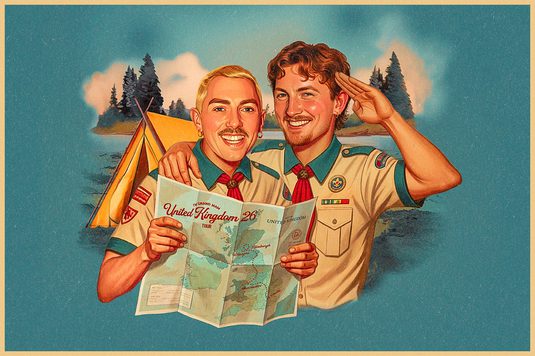 Kevin Twomeyy and PJ Kirby dressed as scouts hold a map, looking at it thoughtfully as they plan their exploration.