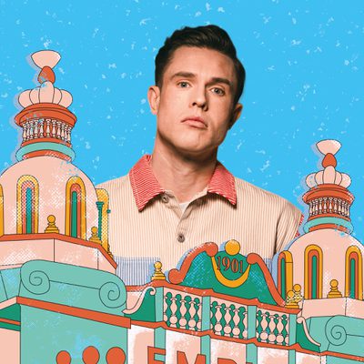 Ed Gamble behind an animated Hackney Empire with a blue background