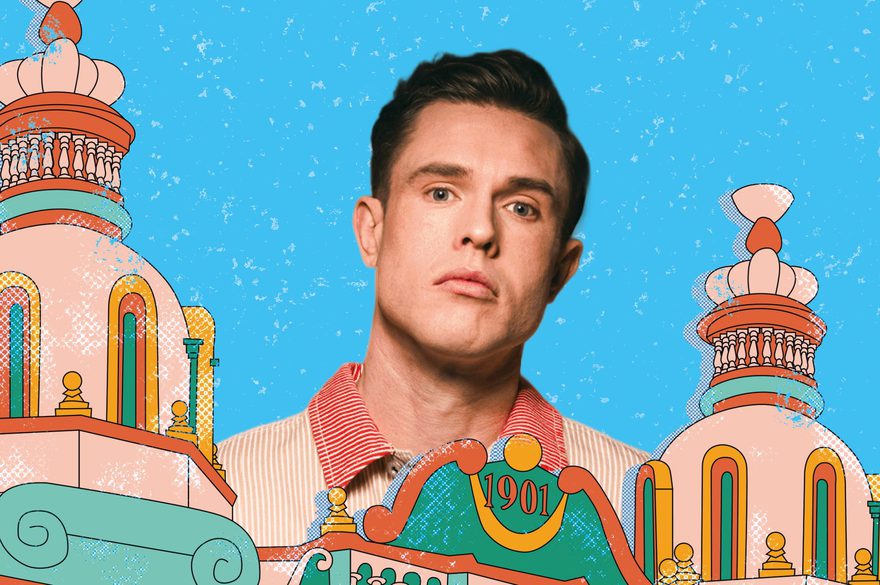 Ed Gamble behind an animated Hackney Empire with a blue background