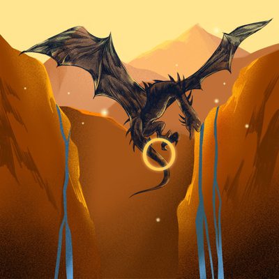 It’s a stylized illustration in warm sunset colors. In the center, a large black dragon with wide, bat-like wings glides between two steep, orange-brown canyon walls. Its head points downward and one claw reaches toward a bright, glowing golden ring floating below it, like a halo of light. In the background are soft, layered hills and mountains under a pale yellow sky dotted with small white sparkles. Thin blue waterfalls run down both canyon sides.