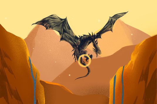 It’s a stylized illustration in warm sunset colors. In the center, a large black dragon with wide, bat-like wings glides between two steep, orange-brown canyon walls. Its head points downward and one claw reaches toward a bright, glowing golden ring floating below it, like a halo of light. In the background are soft, layered hills and mountains under a pale yellow sky dotted with small white sparkles. Thin blue waterfalls run down both canyon sides.
