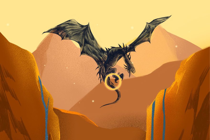 It’s a stylized illustration in warm sunset colors. In the center, a large black dragon with wide, bat-like wings glides between two steep, orange-brown canyon walls. Its head points downward and one claw reaches toward a bright, glowing golden ring floating below it, like a halo of light. In the background are soft, layered hills and mountains under a pale yellow sky dotted with small white sparkles. Thin blue waterfalls run down both canyon sides.