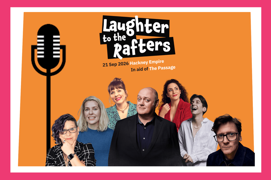 The cast of "Laughter is the Raters" smiling and laughing together, promoting their podcast about humor and entertainment.