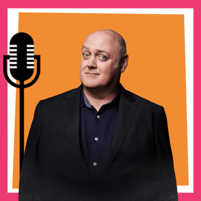 A promotional-style graphic featuring Dara Ó Briain in a dark blazer and navy shirt standing in front of an orange rectangle with a white border on a bright pink background. A large black microphone icon appears on the left side, suggesting a podcast, radio, or comedy performance theme.