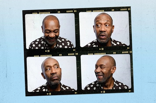 Lenny Henry displays various facial expressions in a photo booth, showcasing a playful and surreal expression in each frame.