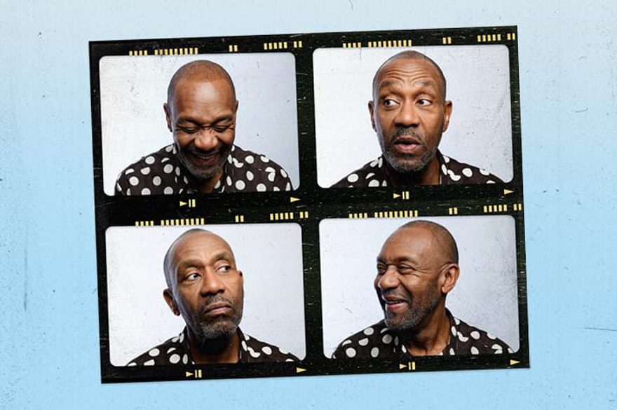 Lenny Henry displays various facial expressions in a photo booth, showcasing a playful and surreal expression in each frame.