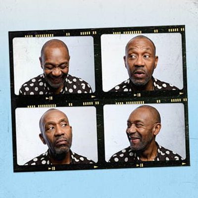 Lenny Henry displays various facial expressions in a photo booth, showcasing a playful and surreal expression in each frame.