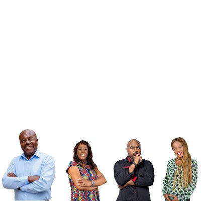 A collage of the characters in the play standing together with their arms crossed displaying a confident stance.