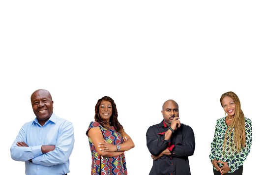 A collage of the characters in the play standing together with their arms crossed displaying a confident stance.