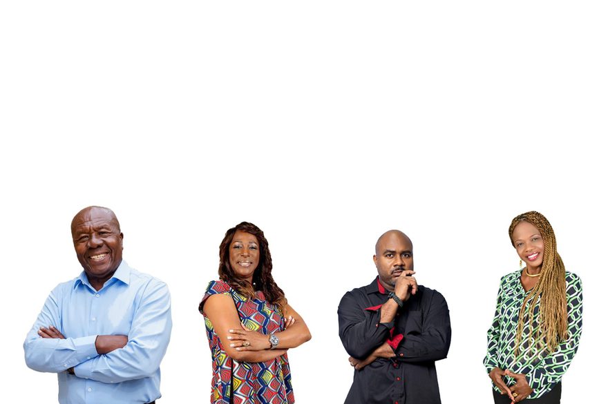 A collage of the characters in the play standing together with their arms crossed displaying a confident stance.