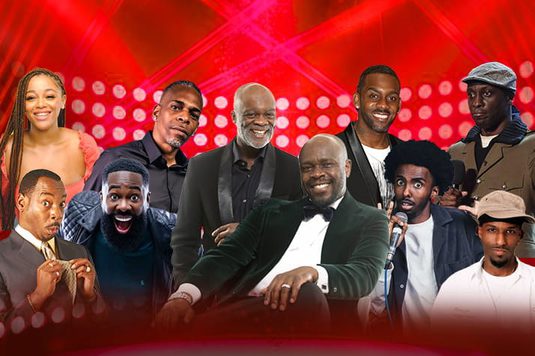 Promotional banner showing ten comedians and entertainers posing in front of a red, spotlight-filled stage background.