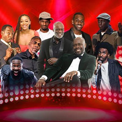 Promotional banner showing ten comedians and entertainers posing in front of a red, spotlight-filled stage background.