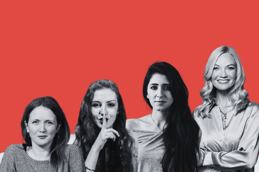 A poster of the show. The background is a peachy-red colour with black and white photographs lined up of the four performers from left to right Hollie McNish, Len Pennie, Nikita Gill and Donna Ashworth