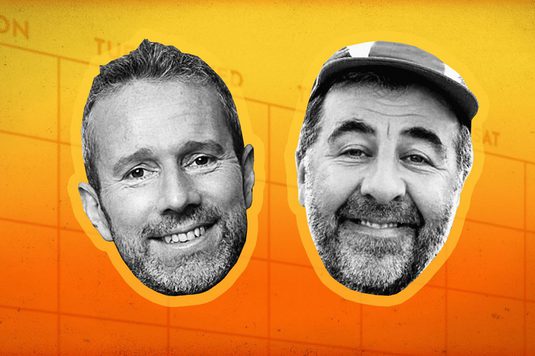 Podcast-style cover artwork showing Max Rushden and David O’Doherty smiling as black-and-white cut out portraits on an orange background with a faint weekly calendar grid