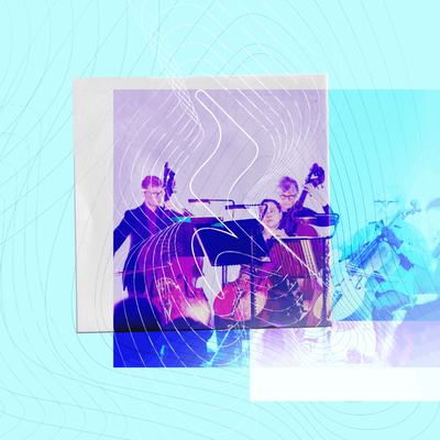 Stylised artwork showing members of the City of London Sinfonia performing, with string instruments overlaid by abstract blue, purple and white graphic elements.