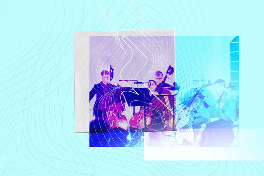 Stylised artwork showing members of the City of London Sinfonia performing, with string instruments overlaid by abstract blue, purple and white graphic elements.