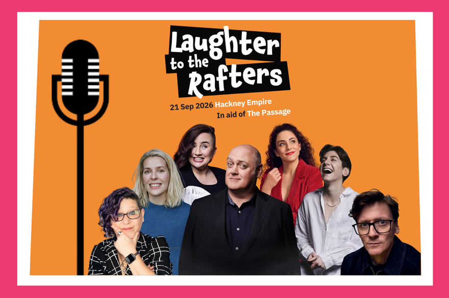 The cast of "Laughter is the Raters" smiling and laughing together, promoting their podcast about humor and entertainment.