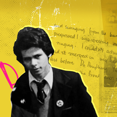 A yellow-and-black collage featuring a black-and-white portrait of a young man in a suit and tie on the left, layered with handwritten text, newspaper clippings, photographs of crowds, and vintage event posters. On the right is another black-and-white photograph of a person speaking into a microphone. Bright pink graphic arrows and marks overlay the collage.