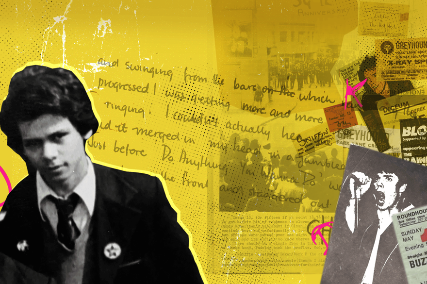 A yellow-and-black collage featuring a black-and-white portrait of a young man in a suit and tie on the left, layered with handwritten text, newspaper clippings, photographs of crowds, and vintage event posters. On the right is another black-and-white photograph of a person speaking into a microphone. Bright pink graphic arrows and marks overlay the collage.