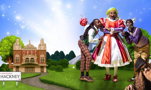 Kandaka Moore as Dick Whittington, Clive Rowe as Sarah the Cook and Kat B as Tommy the Cat are positioned against an illustrated blue background with Hackney Empire in the background. Graham MacDuff is peeking in from one corner as King Rat.