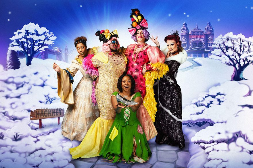 The final cast artwork for Cinderella with the Fairy Godmother, the Ugly Sisters, Cinderella and the Wicked Stepmother posing together against a snowy background with Hackney Empire behind them.
