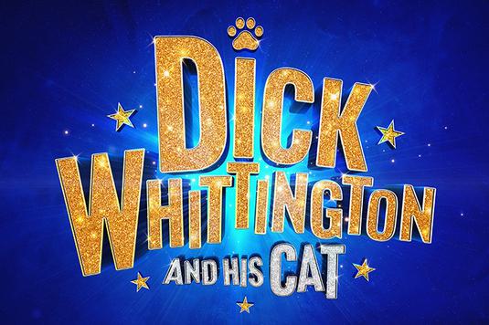 The title treatment for Dick Whittington and his Cat in bold gold and silver letters against a blue background,