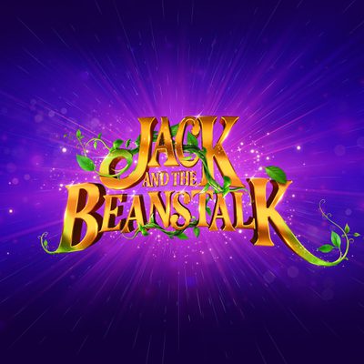 The title treatment for our 2026 pantomime Jack and the Beanstalk where the title is written in gold and the beanstalk intwines with the letters, against a bright purple background.