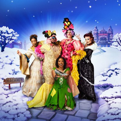 The final cast artwork for Cinderella with the Fairy Godmother, the Ugly Sisters, Cinderella and the Wicked Stepmother posing together against a snowy background with Hackney Empire behind them.
