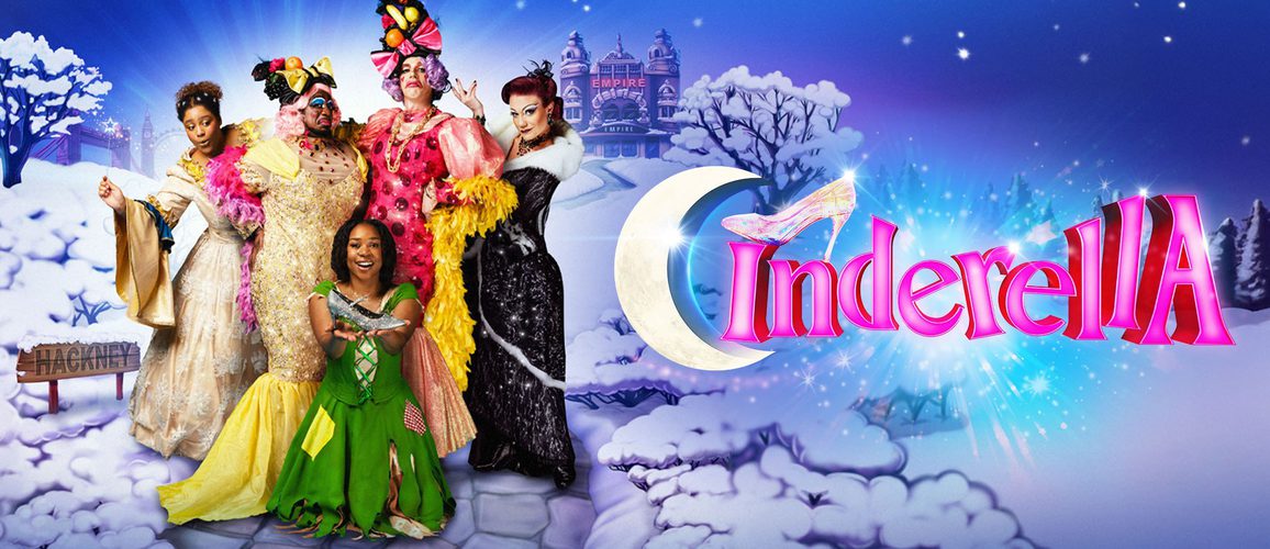 The final cast artwork for Cinderella with the Fairy Godmother, the Ugly Sisters, Cinderella and the Wicked Stepmother posing together against a snowy background with Hackney Empire behind them.