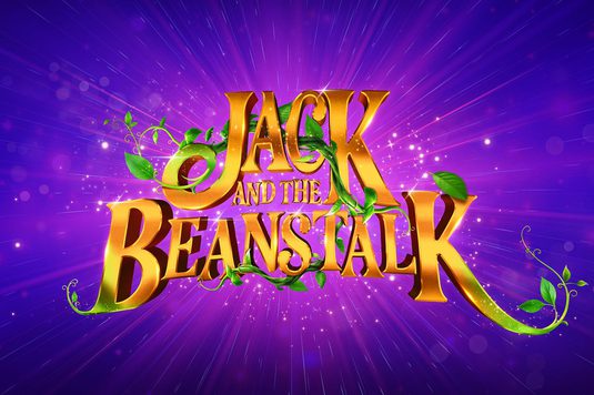 The title treatment for our 2026 pantomime Jack and the Beanstalk where the title is written in gold and the beanstalk intwines with the letters, against a bright purple background.