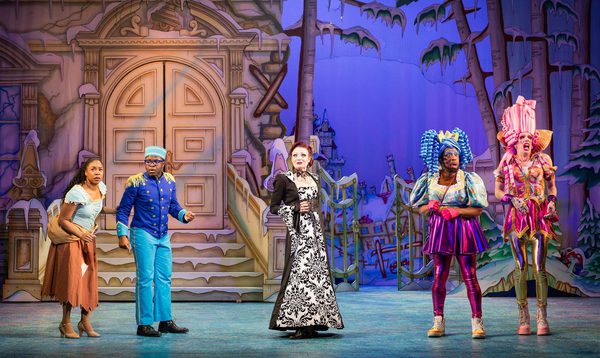 Siobhan James as Cinderella, Nicholas McLean as Buttons Alexandra Waite-Roberts as Oblivia, Kat B as Flatula and George Heyworth as Nausea pose in a line together looking shocked